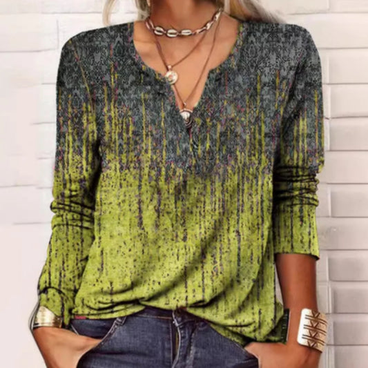 V-Neck Gradient Pattern Long-Sleeve Top
