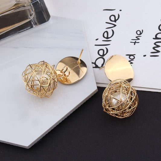 Vintage Woven Ball, Pearl Stud Earrings