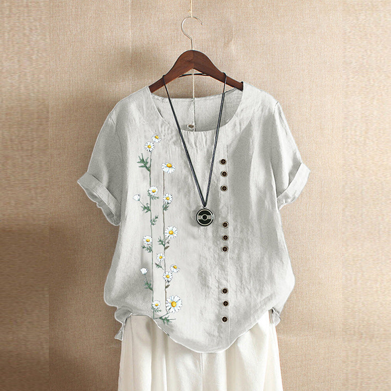 Daisy Print Loose Short Sleeve Shirt