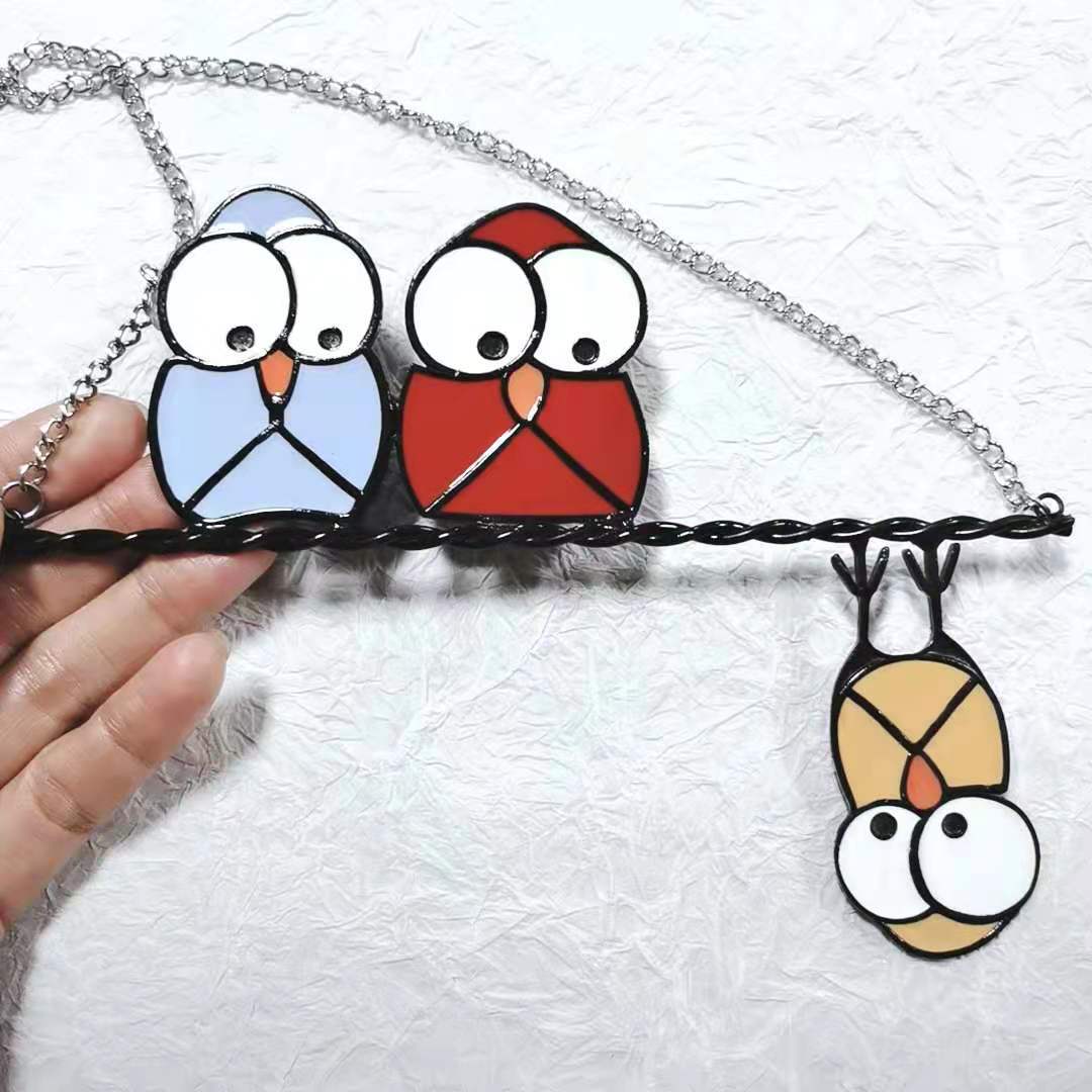 Three Cute Owls Stained Glass Suncatcher