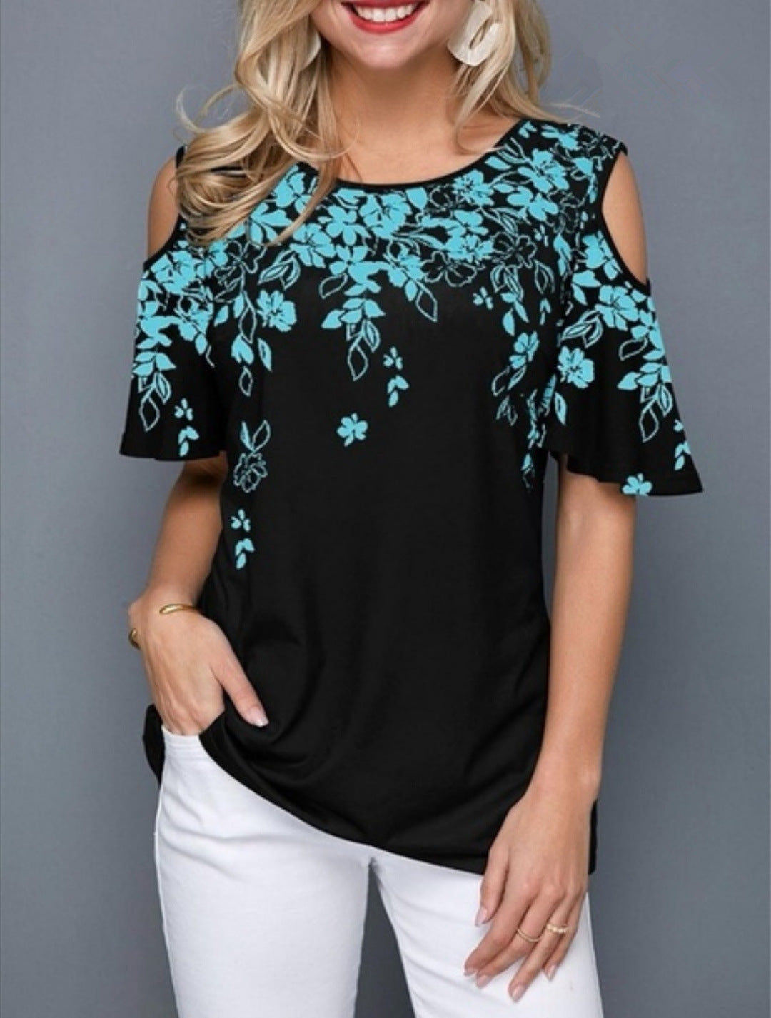 Off-the-shoulder printed crew neck casual T-shirt