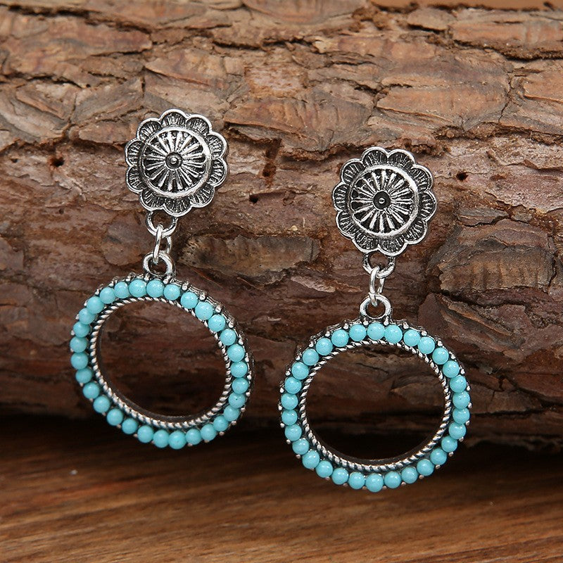 Ethnic Geometric Round Turquoise Earrings