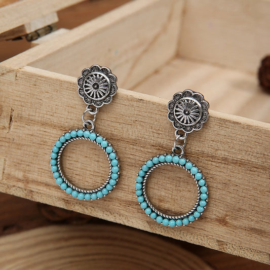 Ethnic Geometric Round Turquoise Earrings