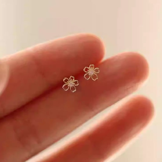 Gold Earrings Small Cherry Blossom Heart Mini