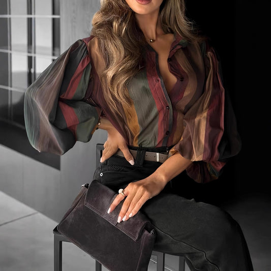 Elegant Long-sleeve Top With A Colorful Subtle Pattern