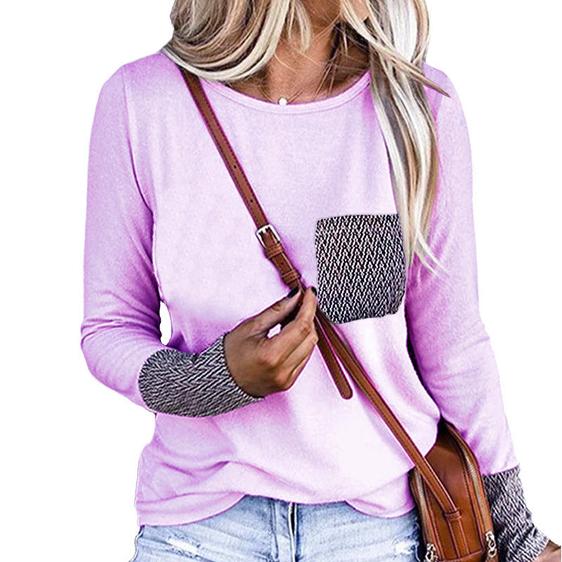 Round neck pocket loose ladies casual T-shirt