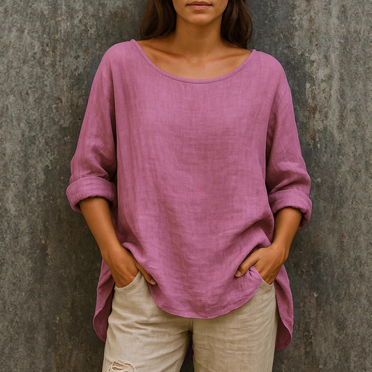 Casual Loose-fit Fashionable Cotton-linen Retro Crew-neck Plus-size T-shirt