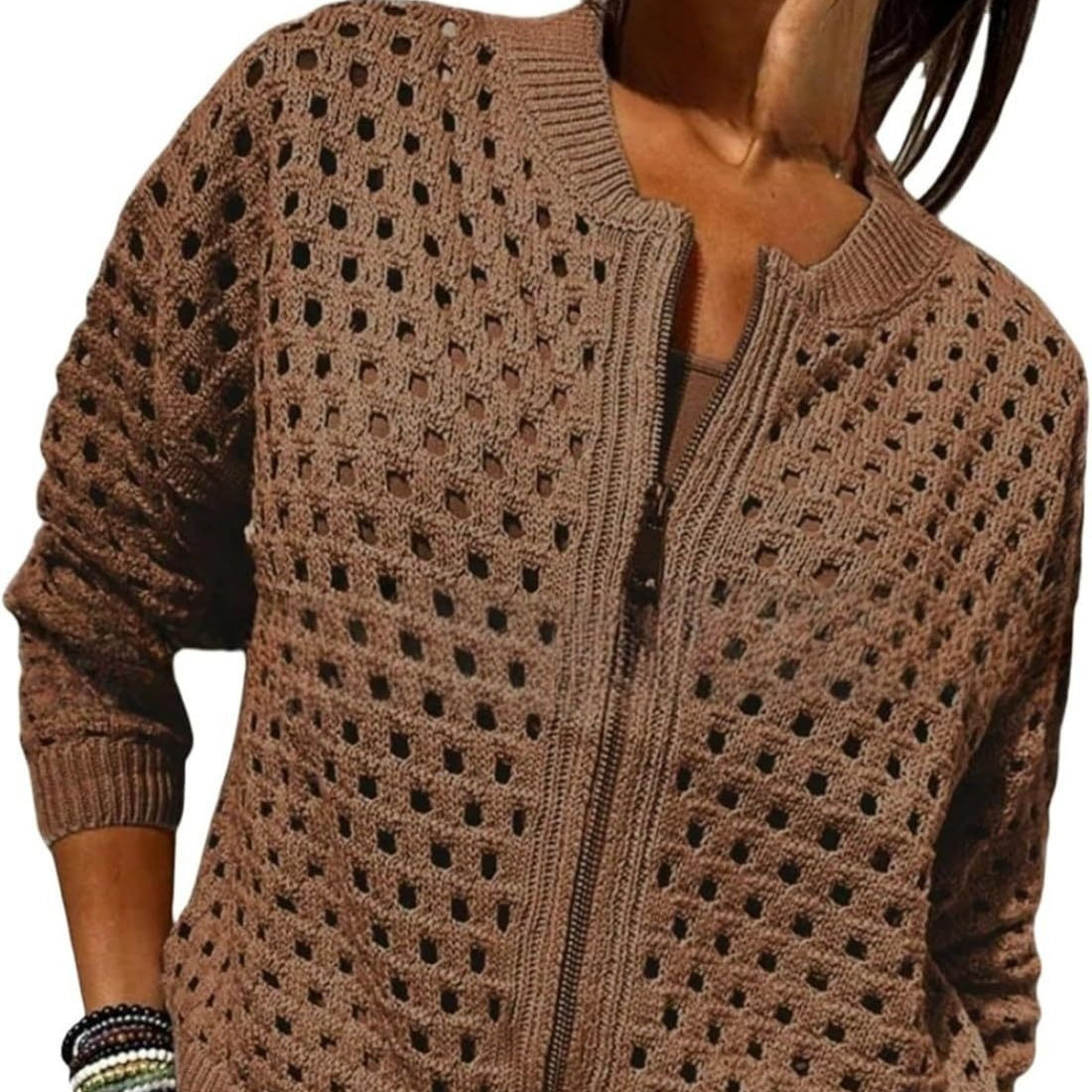 Womens Knitted Hollow-Out Crew-Neck Jacket With Zipper