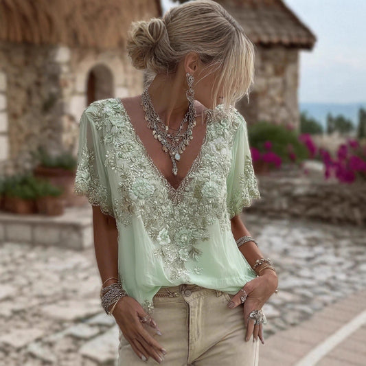 Womens V neck 3D printed Short sleeve Top With An Elegant Artistic And Vintage Vibe