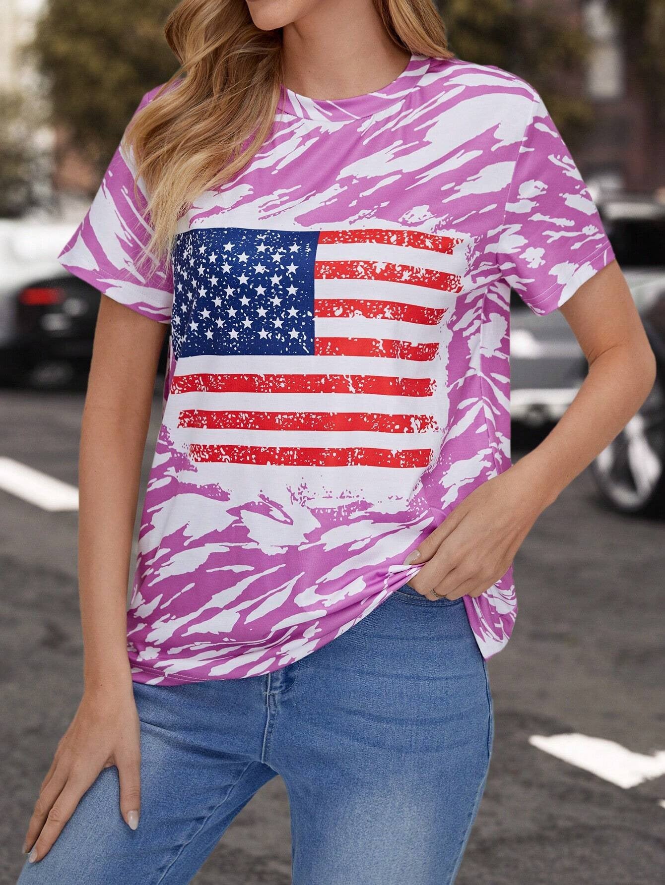Women's Flag Print T-shirt Crew Neck