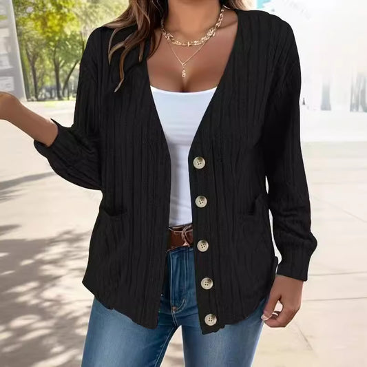 Solid Color Buttons V-neck Loose Long Sleeve Cardigan For Women