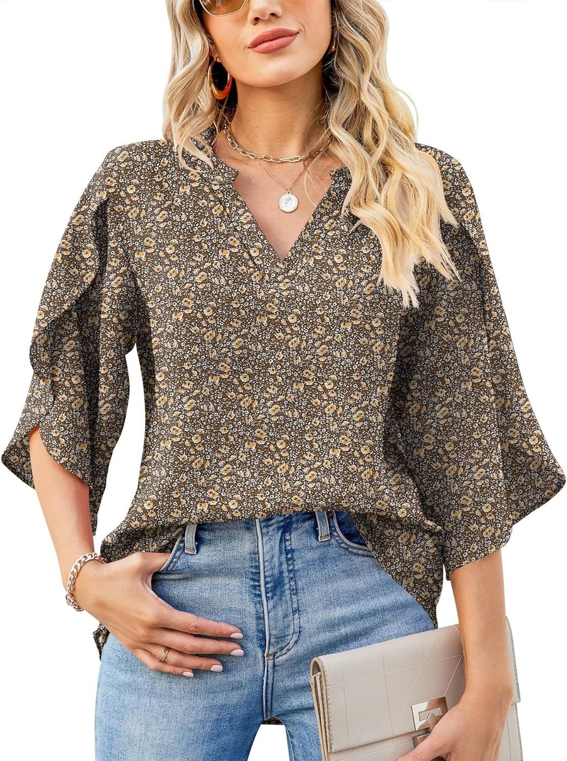 Womens Loose V-neck Chiffon Top With Floral Petal Print