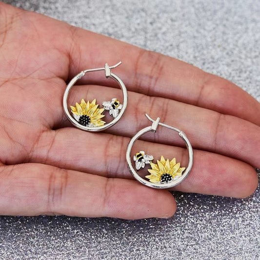 Sunflower & Bee Hoop Earrings