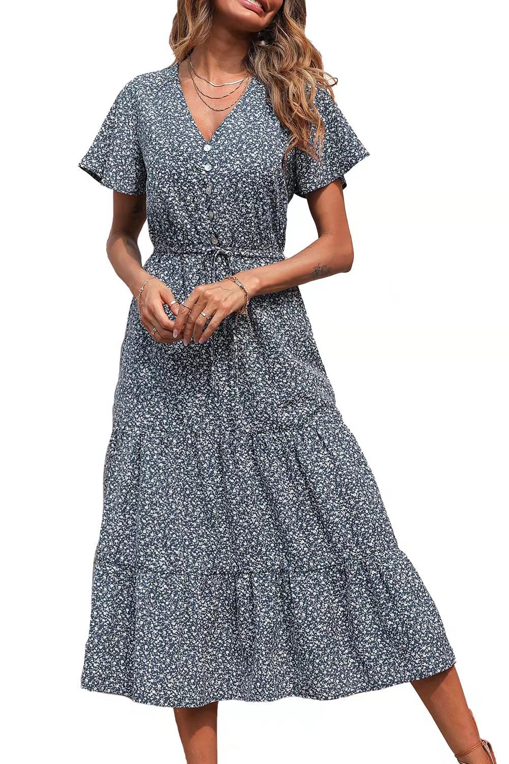 European And American Spring Summer Vneck Print Dress