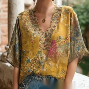 Womens V neck 3D printed Short sleeve Top With An Elegant Artistic And Vintage Vibe