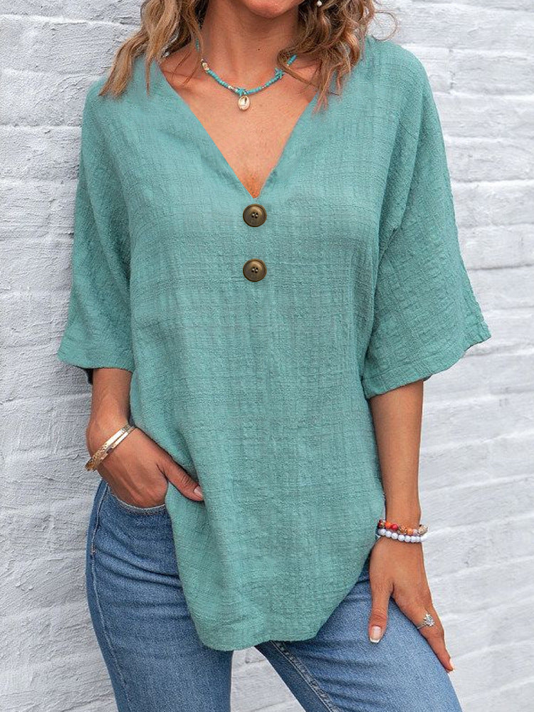 Casual V-neck Short Sleeve Button Top