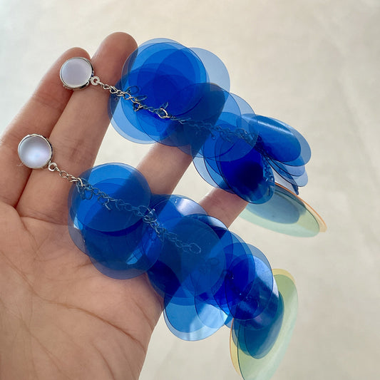 Gradient Blue Sequins Long Fringe Earrings