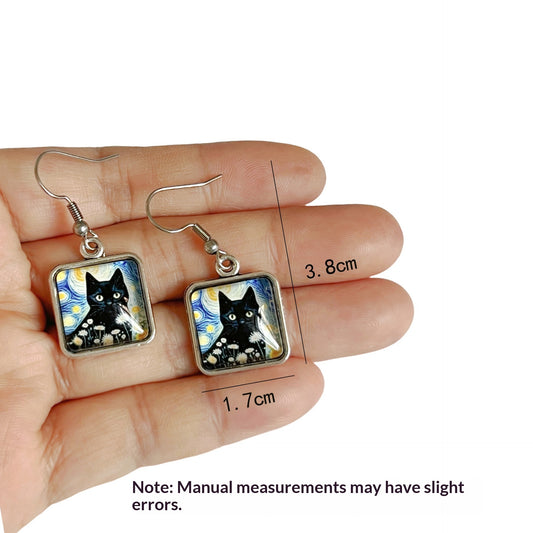 Vintage Bronze Crow Moon Crystal Glass Square Earrings