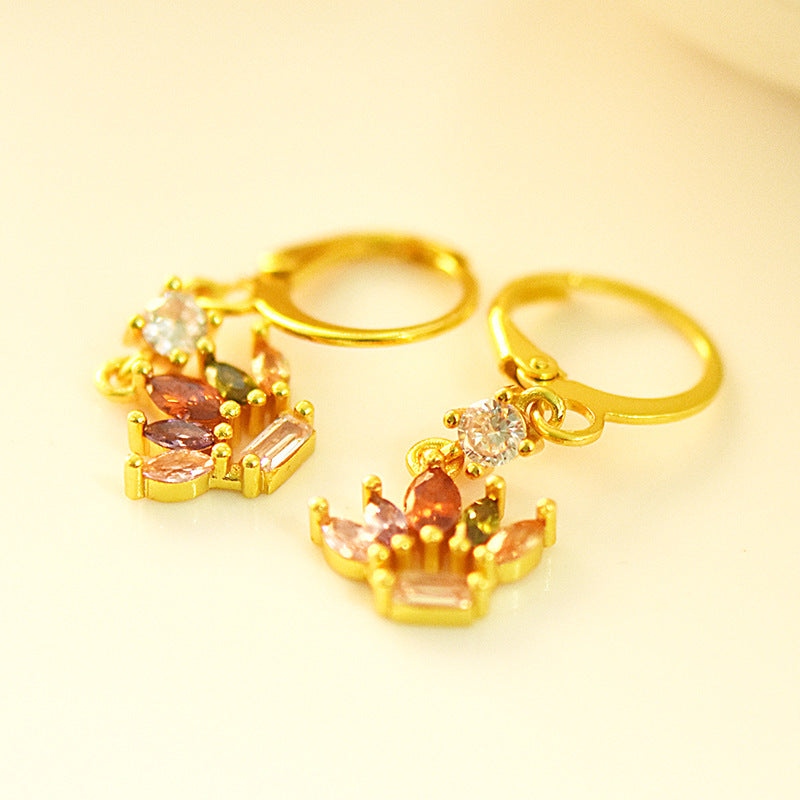18k Gold-plated Crown Earrings With Colored Gemstones