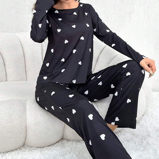Heart Printing Round Neck Long Sleeve Trousers Set