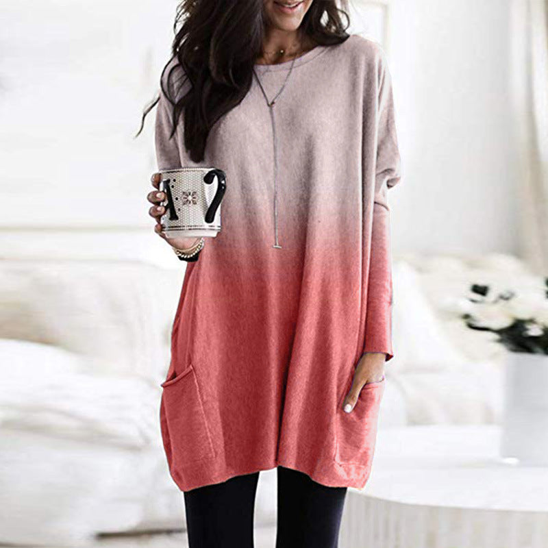 Gradient Color Long Sleeved Casual Pocket T Shirt