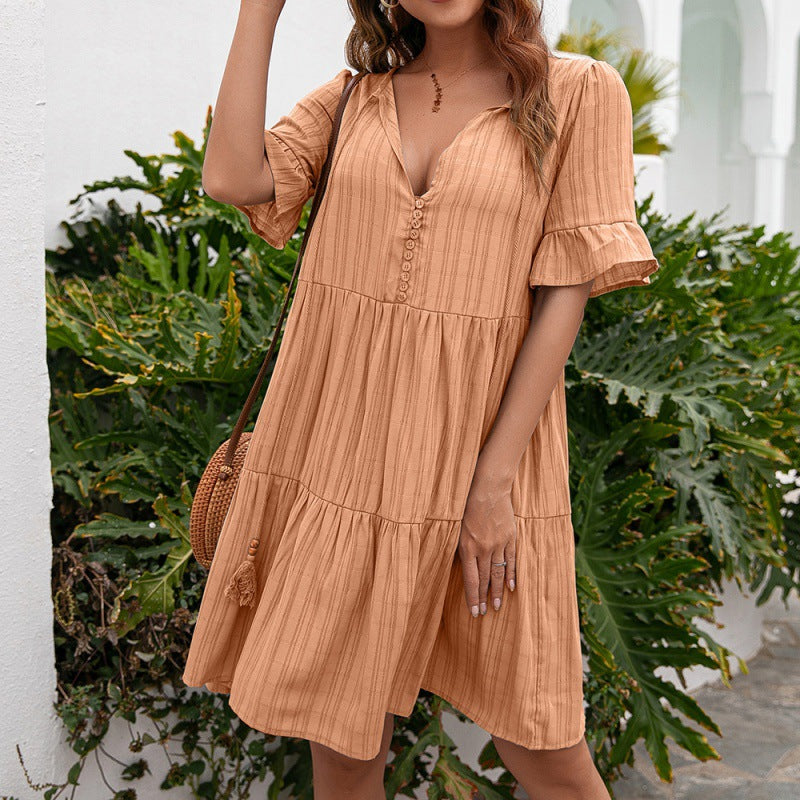 Spring And Summer New Women's Loose Casual Mid-length V-neck Dress
