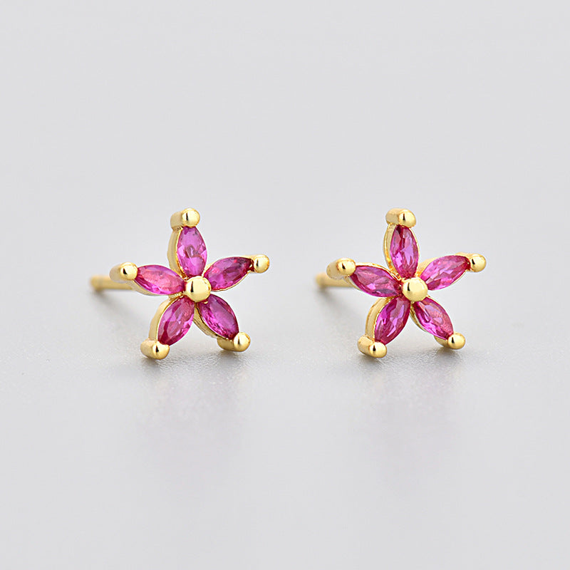 Colored Diamond Five-petal Flower Horse-eye Stone Stud Earrings