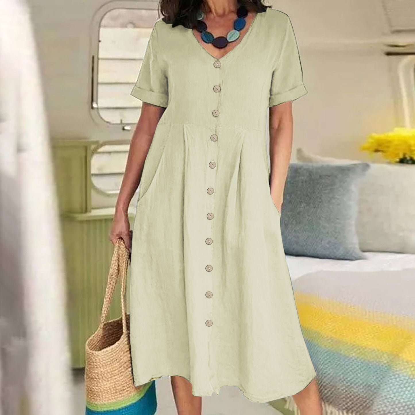 Spring And Summer New Solid Color Loose High Waist Cotton And Linen Dress