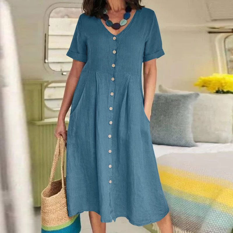 Spring And Summer New Solid Color Loose High Waist Cotton And Linen Dress
