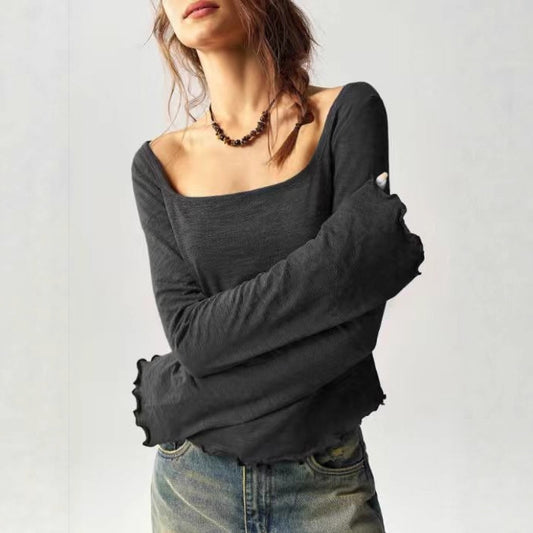Womens Casual Solid-Color Knitted Top With A Square Neck And Flared Sleeves