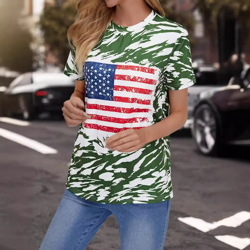 Women's Flag Print T-shirt Crew Neck