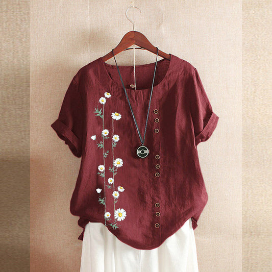Daisy Print Loose Short Sleeve Shirt