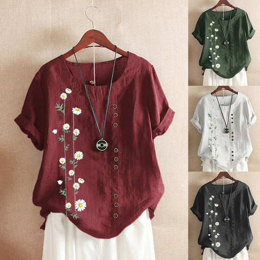Daisy Print Loose Short Sleeve Shirt