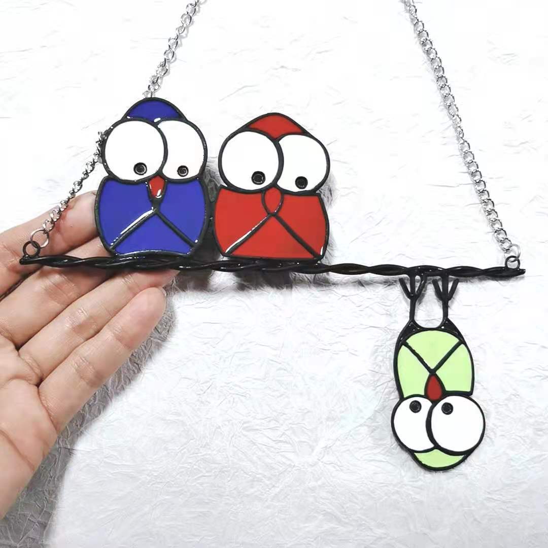 Three Cute Owls Stained Glass Suncatcher