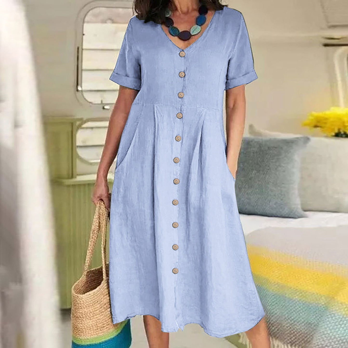 Spring And Summer New Solid Color Loose High Waist Cotton And Linen Dress