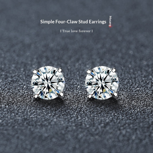 Classic Four Claw Moissanite Stud Simple And Stylish Sterling Silver GoldPlated Earrings