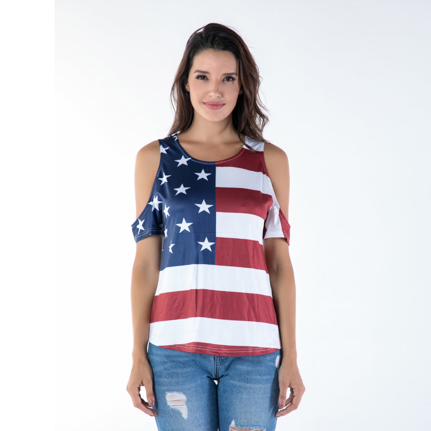 American flag off shoulder shirt
