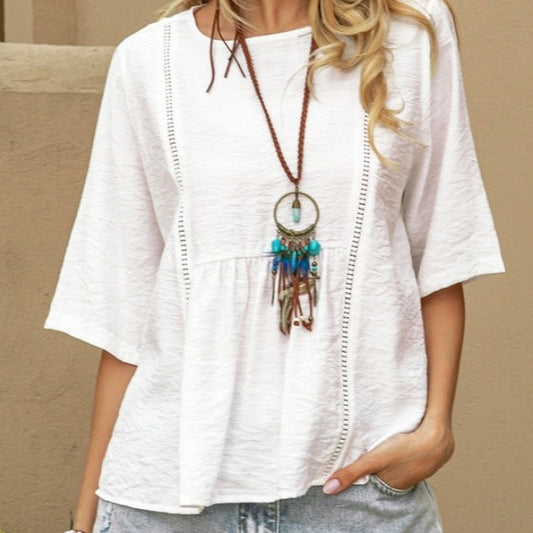 Hollow-Out Womens Cotton-Linen Casual Solid-Color Three-Quarter-Sleeve Shirt