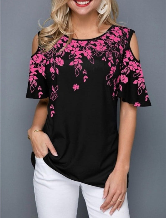 Off-the-shoulder printed crew neck casual T-shirt