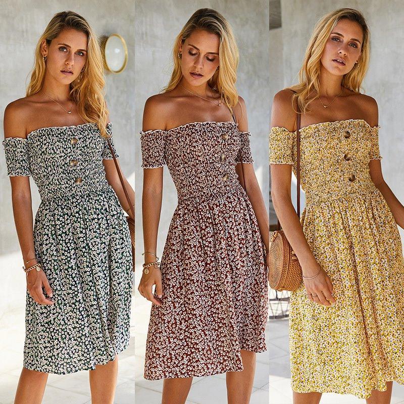 Spring And Summer One-shoulder Floral Dress