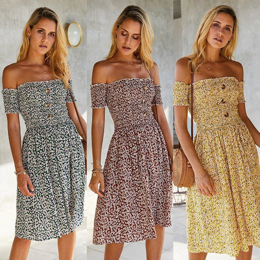 Spring And Summer One-shoulder Floral Dress