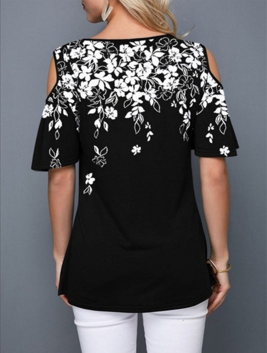 Off-the-shoulder printed crew neck casual T-shirt