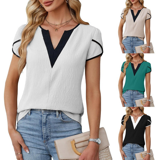 Fashionable Color-Block V-Neck Petal-Shape Short-Sleeve Blouse For Women