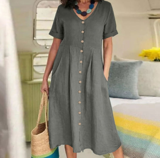 Spring And Summer New Solid Color Loose High Waist Cotton And Linen Dress