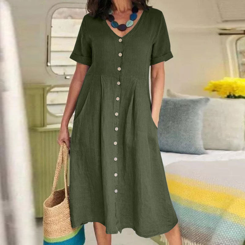 Spring And Summer New Solid Color Loose High Waist Cotton And Linen Dress