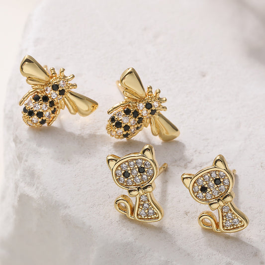 Cute Copper-Plated 18K Gold Zircon Cat And Bee Stud Earrings
