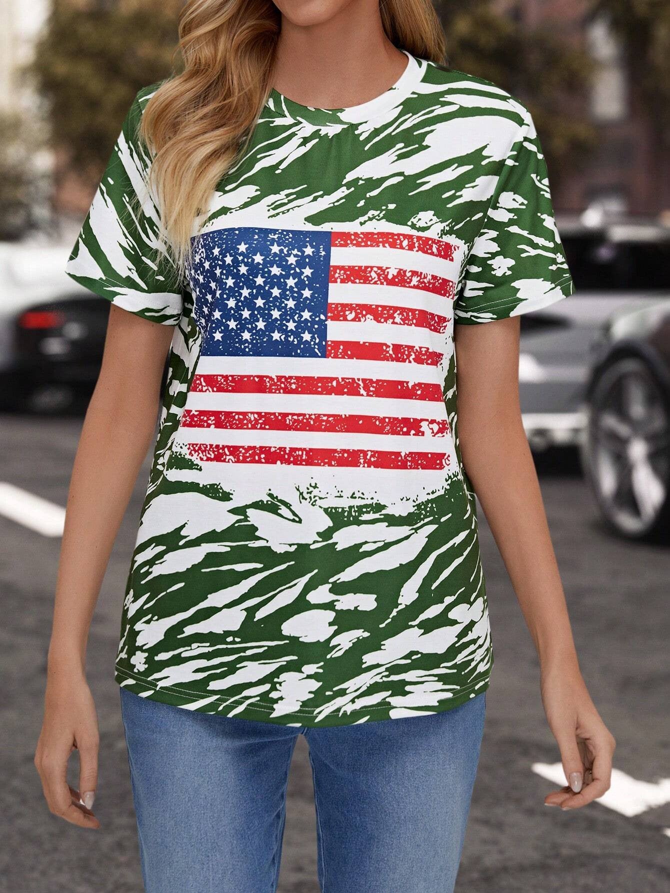 Women's Flag Print T-shirt Crew Neck