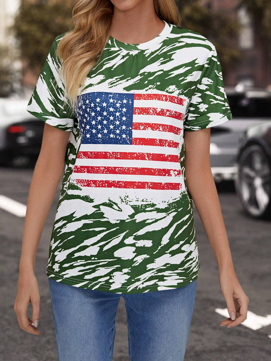 Women's Flag Print T-shirt Crew Neck