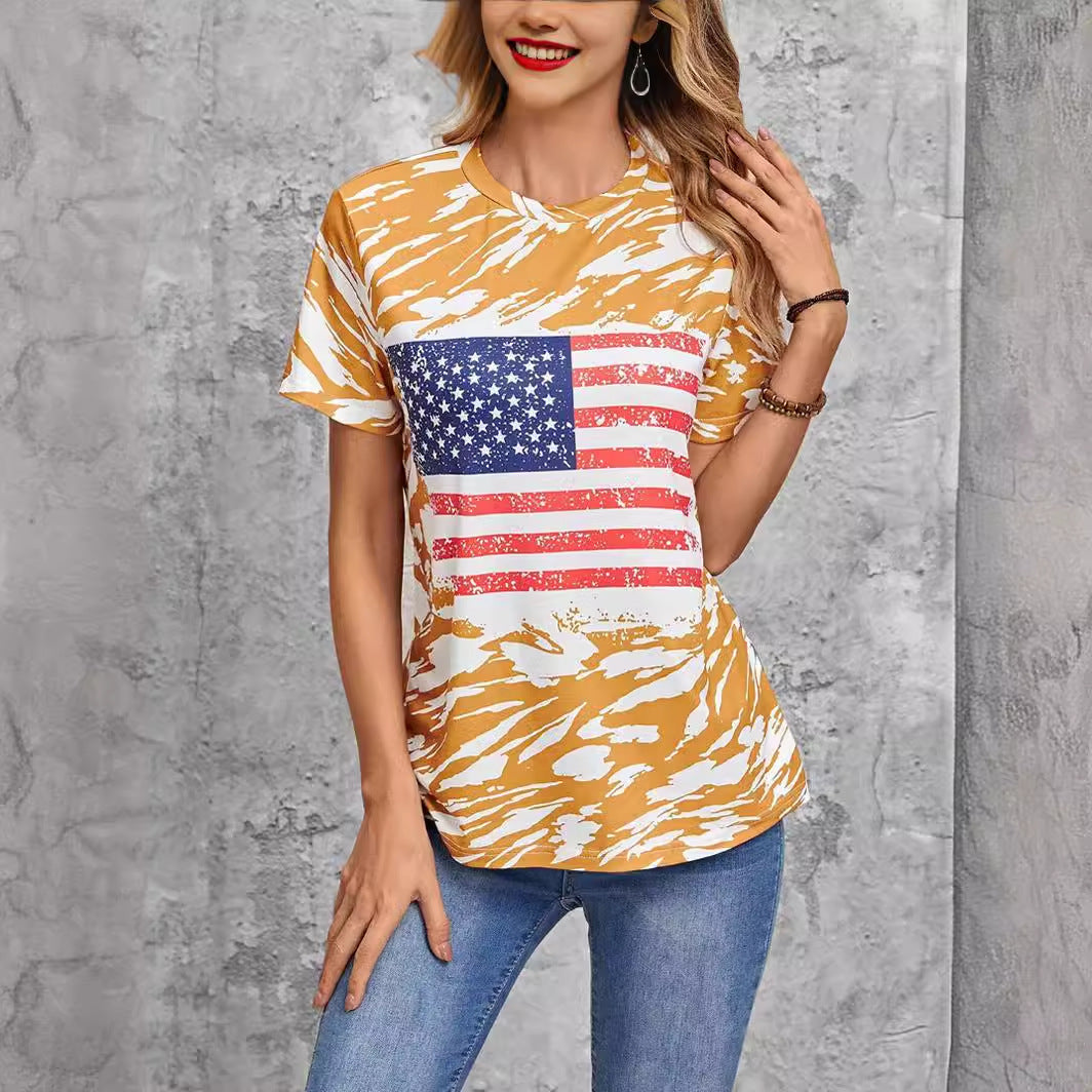 Women's Flag Print T-shirt Crew Neck