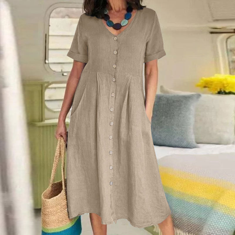 Spring And Summer New Solid Color Loose High Waist Cotton And Linen Dress